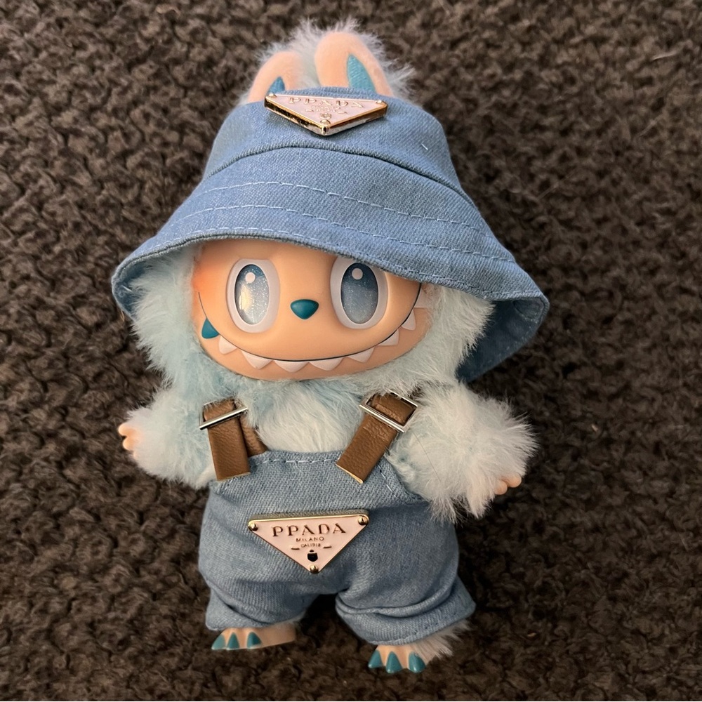 Labubu clothes overalls & bucket hat blue